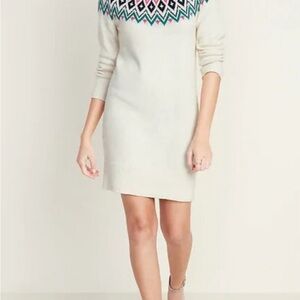 Women's Cream Knit Dress with Patterned Yoke.